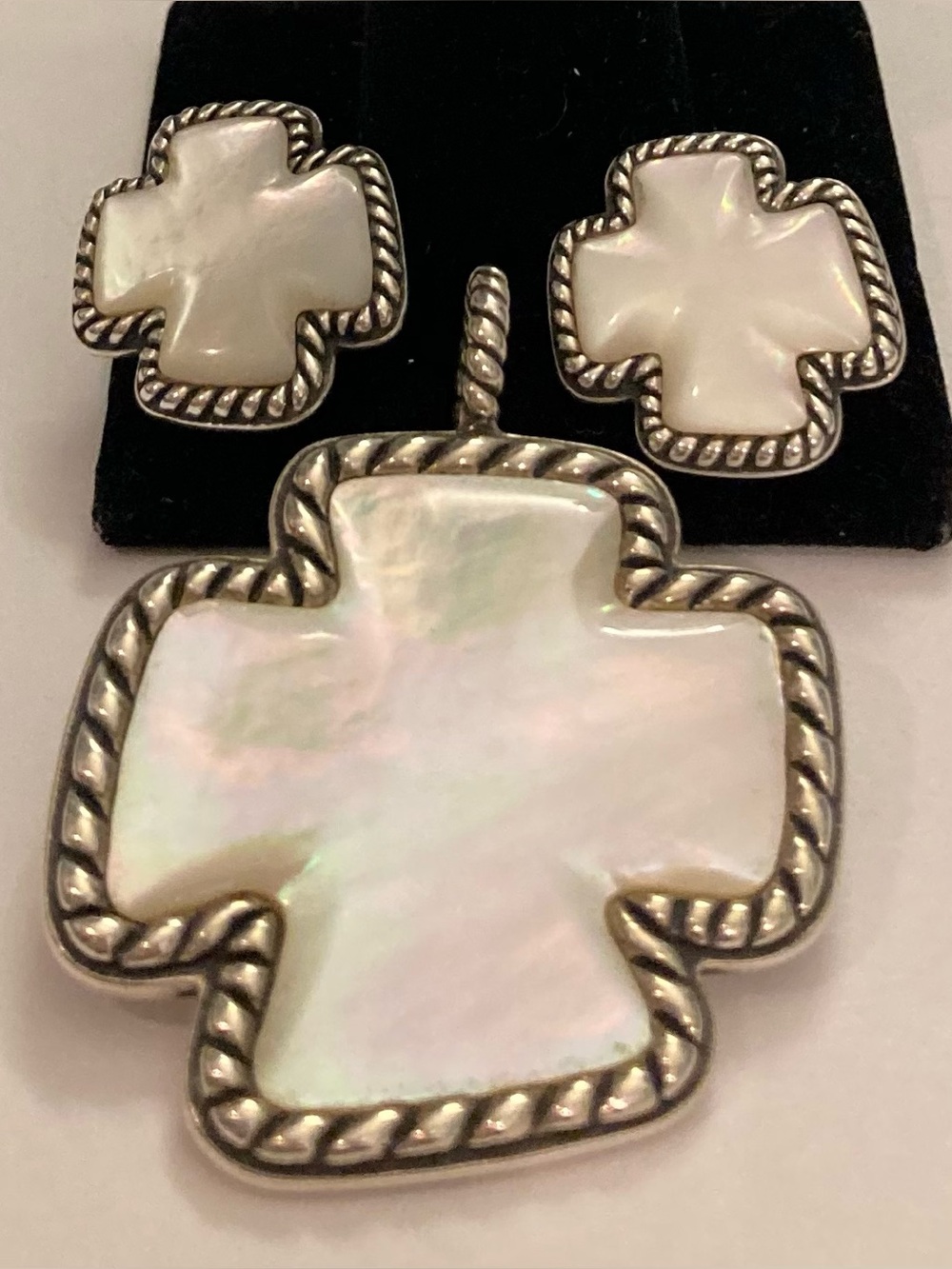 Carolyn Pollack Mother-Of-Pearl Silver Cross Necklace & Clip Earring Set